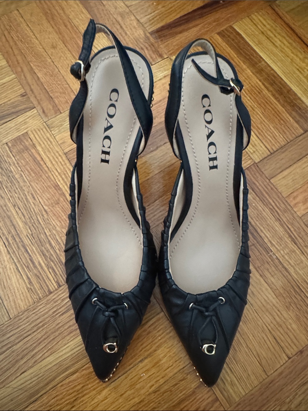 COACH Black Pointed Slingback Heels with Gold Accent